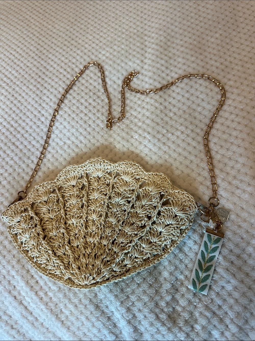 Handwoven Shell Clutch Bag in Cream with Gold Chain